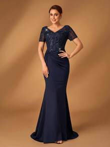 Serin Summer Elegant And Gorgeous Navy Blue Short-Sleeved Sequin Embroidery Stitching Elastic Knitted Twisted Fishtail Hem Frame Small Train Suitable For Dinner Bachelorette Party Date Music Festival Dance Holiday Wedding Event Bride Mother Evening Dress - Navy Blue - View 6
