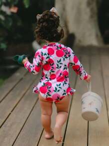 SHEIN Baby Girls Ruffled One-Piece Swimsuit With Random Print, Including Hat (Swimwear)
