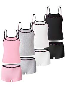 Sparklyn 4pcs/Set Girls' Minimalist Solid Color Series Wire-Free Camisole And Comfortable Breathable Boxer Brief Underwear Set, With Butterfly Elastic Band - Multicolor - View 1