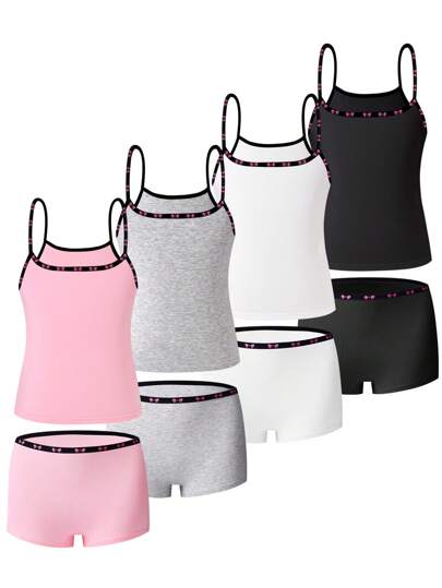 Sparklyn 4st/set Trådfri kamisol för flickor i enfärgad serie och bekvämt andningsbar boxershorts underkläderset, med fjärilsresårband