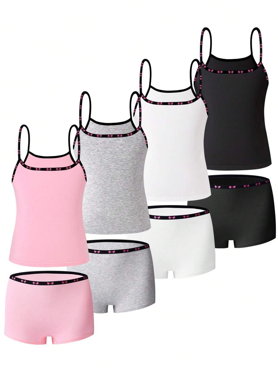 Sparklyn 4pcs/Set Girls' Minimalist Solid Color Series Wire-Free Camisole And Comfortable Breathable Boxer Brief Underwear Set, With Butterfly Elastic Band - Multicolor - View 1