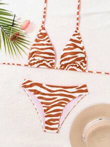 SHEIN Swim 2 Stück V-Ausschnitt Zebra Muster Bikini Badeanzug Set - Verschiedenfarbig - Übersicht 3