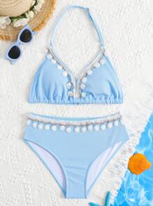 Teen Girl' Bikini Swimwear, New Arrival For Spring/Summer. Light Blue Solid Color Fabric, Halter Design. Seashell Decor. Delicate, Suitable For Teens To Wear On Vacation Or At The Beach - Blue - View 2