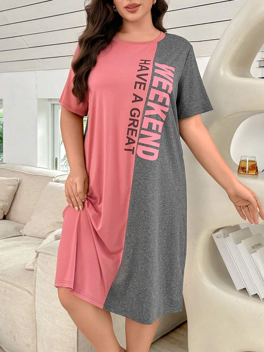 SHEIN 大码拼色字母印花休闲短袖T恤睡袍，Moo Moo 睡裙