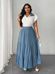 SHEIN Unity 2 件大码纯色泡泡袖纽扣衬衫和分层荷叶边下摆裙子套装，适合春夏季 - 藍白色 - 查看 1