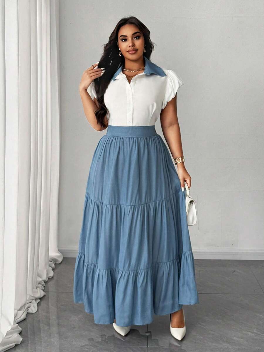 SHEIN Unity 2 件大码纯色泡泡袖纽扣衬衫和分层荷叶边下摆裙子套装，适合春夏季 - 藍白色 - 查看 1