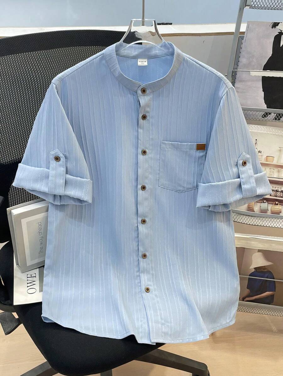 SHEIN Leap Crew 1 件青少年男孩休闲校园柔软纹理立领贴袋百搭百搭衬衫