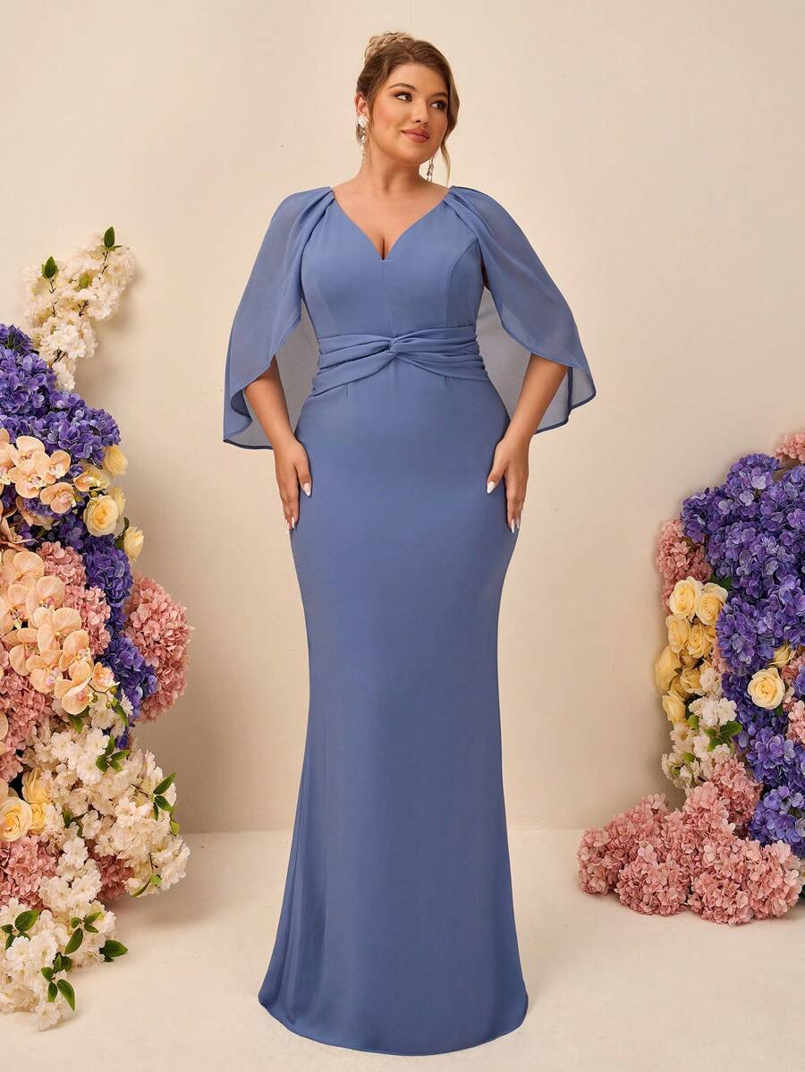 SHEIN Belle Plus Size Elegant Romantic Minimalist Blue Chiffon Fabric Ruffle Sleeve V-Neck Mermaid Hem Long Bridesmaid Dress