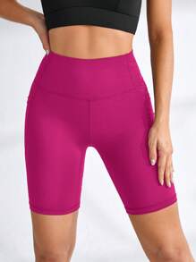 Cheerettes Shorts deportivos de cintura alta sin costuras de unicolor minimalista - Rosa Fucsia - Ver 3