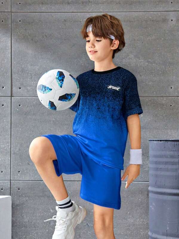 SHEIN 2pcs Tween Boy Sports & Casual Activewear Set: Gradient Color Short Sleeve Crew Neck T-Shirt And Elastic Waist Shorts, Soft & Comfortable, Versatile For Everyday, Outdoor, School, Street, Party And Leisure, Suitable For Spring, Summer, Autumn