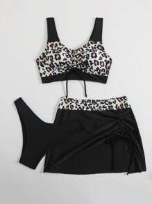 SHEIN 3pcs Beach Summer Outfits For Women: V-Neck Sleeveless Drawstring Bikini Top, Drawstring Leopard Print Skirt, Elegant Tie Dye Print Bikini Set - Multicolor - View 5