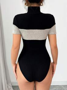 INAWLY Fitted Mock Neck Color Block Ribbed Short Sleeve Black Bodysuit For Women - Black - View 2