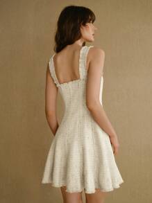 MOTF STUDIO Vestido corto de falda acampanada con borde deshilachado estilo tweed, atuendo para Año Nuevo - Albaricoque - Ver 3