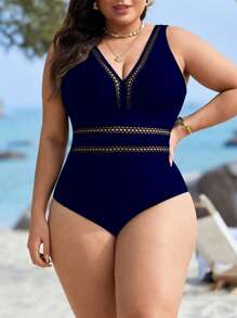 Swim Lushoire Baju Renang One Piece Wanita Ukuran Besar Warna Polos dengan Detail Lubang di Pinggang dan Lipatan untuk Liburan Musim Panas - Navy Blue - View 2