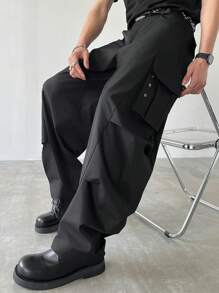 Manfinity Roghcode Men Solid Color Cargo Loose Casual Trousers, Fall - Black - View 3