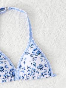 SHEIN 女童花卉印花挂脖比基尼套装，适合夏季海滩穿着 - 藍色 - 查看 3