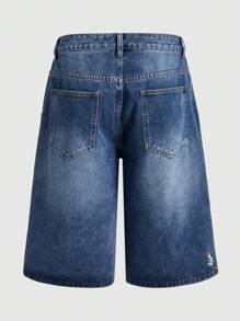 ROMWE MEN Street Life Pantalones cortos de mezclilla tipo bermuda casuales con bordado floral en el bolsillo para hombre