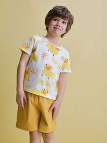 SHEIN 2pcs/Set Young Boys Cute Animal Print Basic T-Shirt And Elastic Waist Yellow Shorts Sets - Yellow - View 1