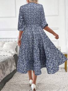 SHEIN Clasi 女式长立领碎花连衣裙 长款女装 - 藍白色 - 查看 2