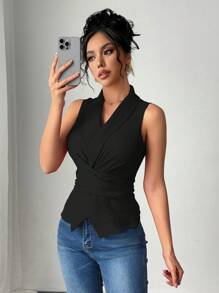 Chiquease 无袖优雅女式衬衫，带围脖领、褶皱后背和腰部收紧设计，纹理面料吊带背心