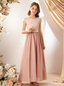 女孩优雅粉色圆领花卉荷叶边长款网眼覆盖派对礼服，适合舞会、约会之夜、婚礼、生日礼物 - 粉色 - 查看 4