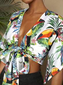 Travachic Summer Vacation Woven Front Tie Women Blouse Rave Festival Casual Women Shirts Crop Top Hawaiian Shirt Summer Cardigan - White - View 1