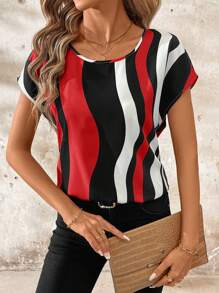 SHEIN Clasi Vertical Stripe Geometric Print Round Neck Loose Women Blouse Business Casual Woman Casual Tops Women Teacher Clothes - Red - View 4