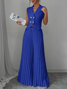 Elenzga Women's Elegant Solid Color Double Breasted Vest & Wide Leg Pleated Pants Suit Set - Royal Blue - View 3