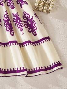 青少年女孩时尚黑色和杏色花卉印花泡泡袖中长连衣裙 - 紫色 - 查看 3