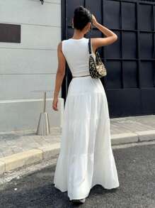 SHEIN EZwear 2 件女式纯色短款背心和长裙套装 - 白色 - 查看 2