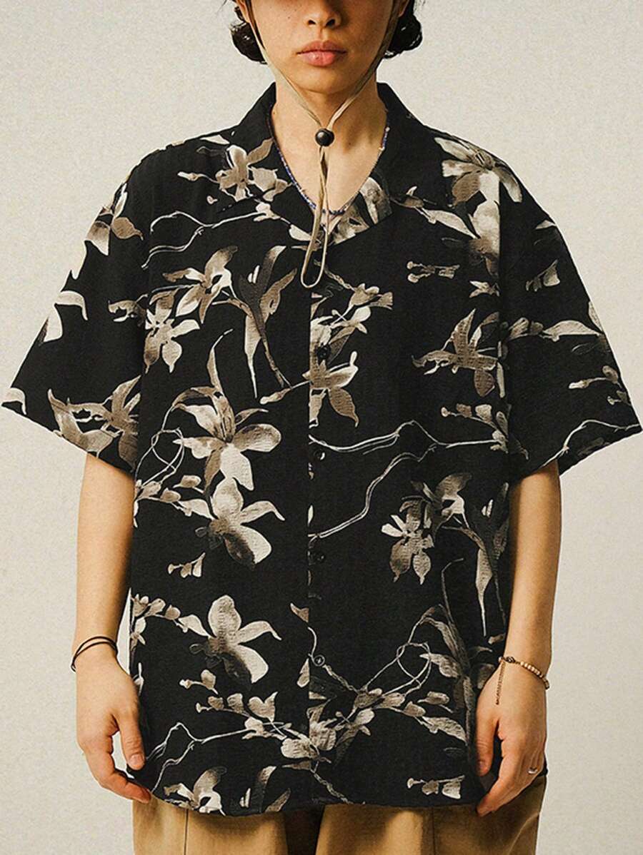DAZY Men's Floral Pattern Printed Black Summer Beach Shirt - Multicolor - View 1