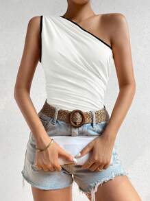 Chiquease Áo không tay màu trơn thanh lịch thiết kế xếp ly màu tương phản giản dị cho nữ - trắng - Xem 5