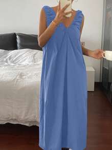Livesso Minimalist Pleated Design Sleeveless Long Nightgown Pajama - Blue - View 4