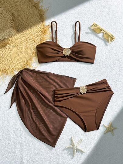 SHEIN 2 件套 Tween 女童金属装饰比基尼套装，带透明罩衫和中长裙