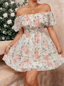 Flirla Plus Size Off Shoulder Romantic Floral Layered Cake Dress - Yellow - View 7