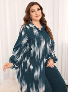 Lacomfia 2pcs/Set Plus Size Casual Commute Minimalist Long Shirt With Random Print, Stylish 2 Pieces Set Fall Cloth For Women - Teal Blue - View 3