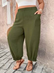 SHEIN LUNE 纹理舒适面料口袋踝带工装裤，军绿色，大码女款 - 軍綠色 - 查看 4