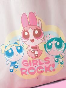 THE POWERPUFF GIRLS X SHEIN 1pc Multi-Function Reusable Fashion Handbag, Blossom, Bubbles, Buttercup Print Canvas Shopping Bag - Multicolor - View 4
