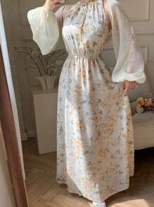 Modelyn 2 件套女士纯色网眼灯笼袖上衣和花卉印花连衣裙套装 - 彩色 - 查看 5