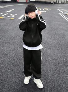 SHEIN 2pcs Set Tween Boys Casual Korean Style Ribbed Collar Zip-Up Hoodie & Relaxed Fit Jogger Pants, Suitable For Commute, School, Daily, Holiday, Sports, Spring Summer Autumn Winter