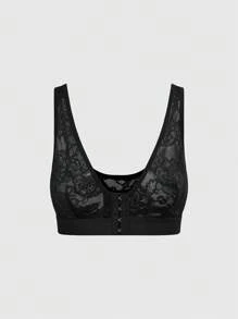ROMWE Gothic Style Front Closure Lace Wireless Sexy Lingerie Bra For Women - Black - View 1