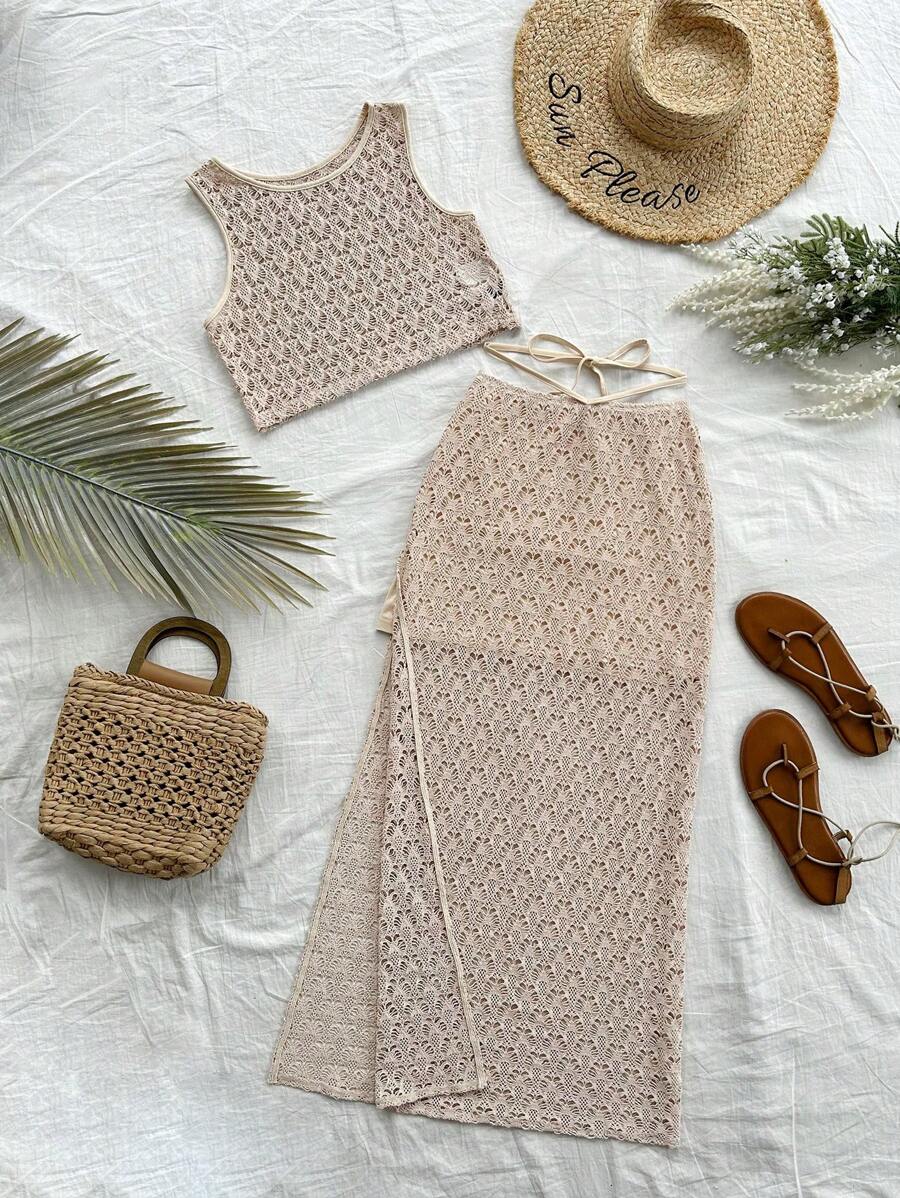 SHEIN PETITE Women's Holiday Knitted Imitation Crochet Vest Slit Skirt Suit, Music Festival, Music Festival Wear, Bohemian - Khaki - View 1