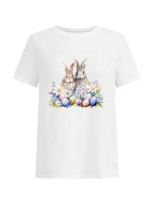 Patishop Art 1pc Women's Cute Rabbit Easter Printed T-Shirt, Suitable For All Seasons, Graphic Tees, Rave Western Wear - Multicolor - View 2