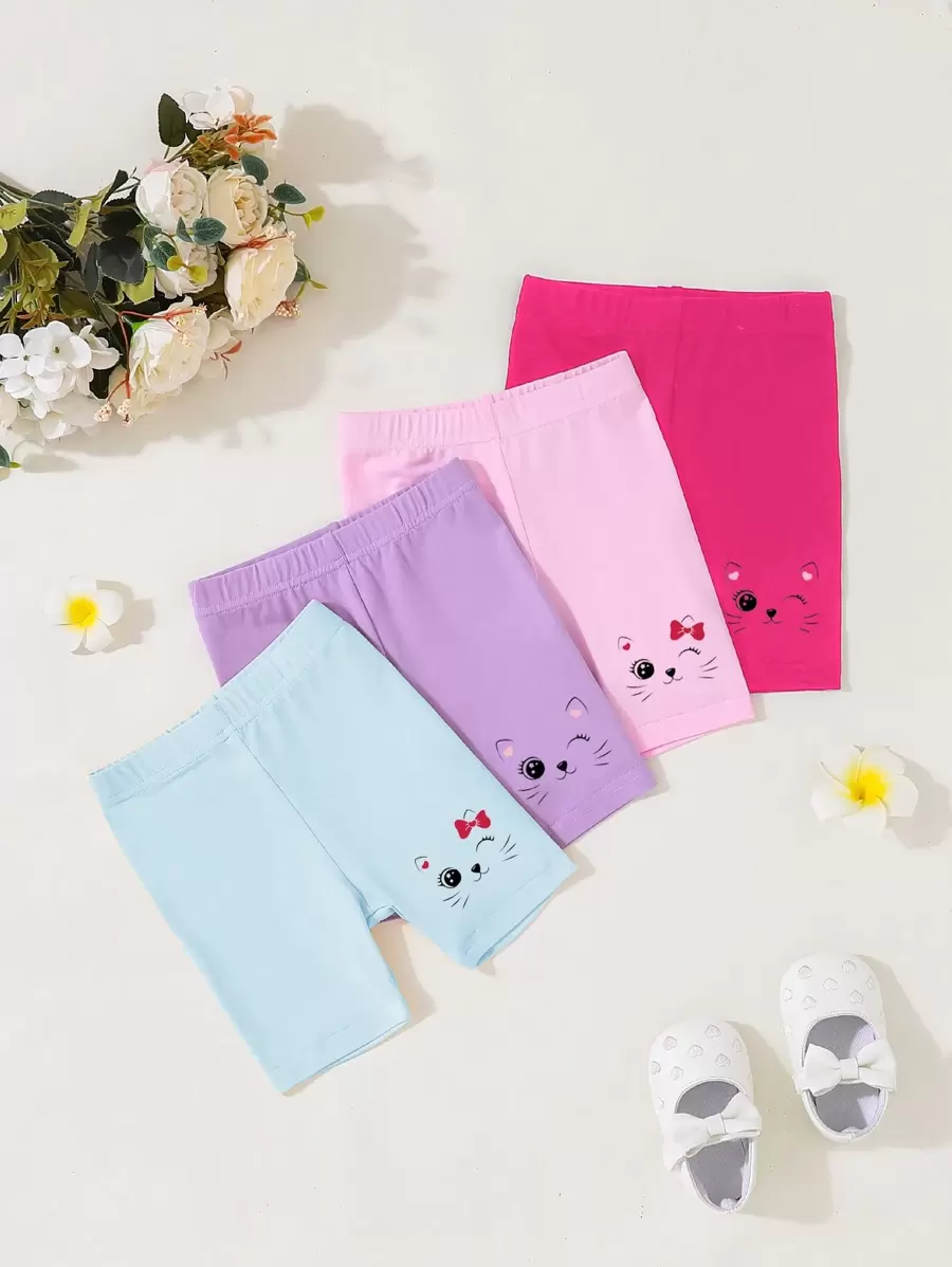4pcs Baby Girls' Cute Cat Print Casual Comfortable Stretch Shorts, Versatile Daily Wear, Summer - Multicolor - View 1
