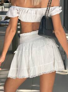 SHEIN EZwear White Mini Cake Skirt With Bow Decoration - White - View 2