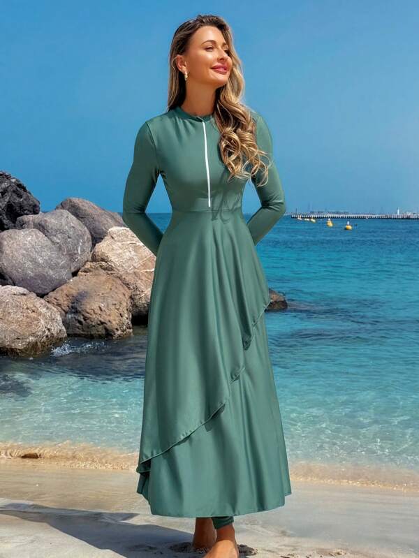 Swim Mulvari Women's 2 Pieces Burkini Swimwear, Solid Color Zipper Long Dress, Layered Ruffle Hem Modest Concealing Waist, Long Sleeve Swimwears For Women