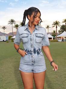 SHEIN PETITE PETITE Women's Denim Eomper With Short Sleeve, Rave Outfit,Summer Outfits For Women,Cowgirl Outfits For Women,Overalls Women,Spring Clothes,Rave Outfits Festival,Concert Outfit Women,Rave Outfits,Vacation Jumpsuit ,Country Concert Outfit - Light Wash - View 5