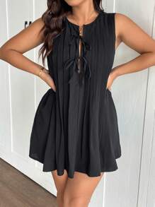 SHEIN Frenchy 女式加大码圆领系带前后褶皱设计休闲黑色连衣裙