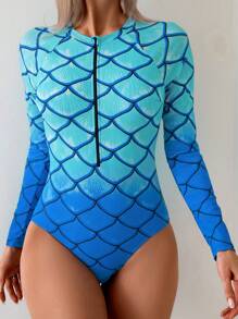 Swim SPRTY 1pc Women Gradient Mermaid Zip-Up Tight-Fitting One-Piece Swimsuit, Blue Surfing Suit, Summer Beach Outfit, Halloween - Blue - View 4