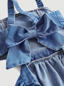 SHEIN Girlism Tween Girl Cool And Cross Back Woven Solid Color Sleeveless Backless Bowknot Tie Denim Dress, Spring/Summer,Girls Summer Beach Boho Rave Concert Outfits - Light Wash - View 3